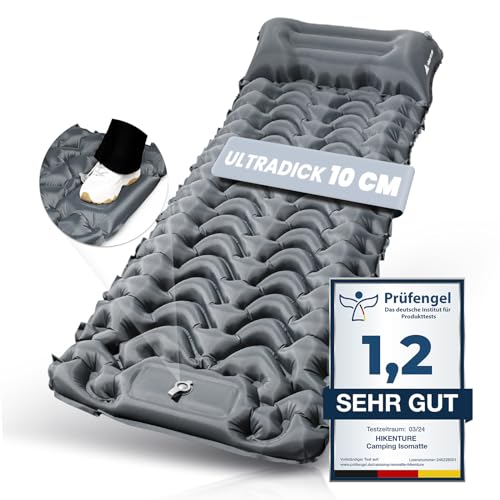 HIKENTURE Isomatte Selbstaufblasend, 10cm Camping Luftmatratze, Camping Isomatte Kleines Packmaß, Aufblasbare Schlafmatte mit Fußpumpe für Camping, Outdoor, Wandern, Zelt - Grau A1