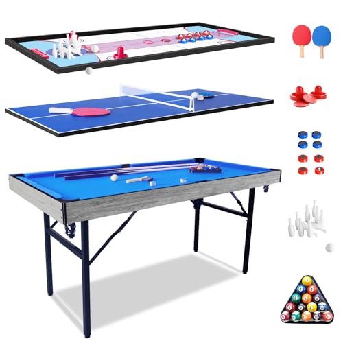 HLC 5 in 1 Klappbar Billiardtisch/Pooltisch,Tischtennisplatten,Shuffleboard,Curling,Bowling,Air Hockey Tischspiel Sie lässt Sich schnell auf- und abbauen.