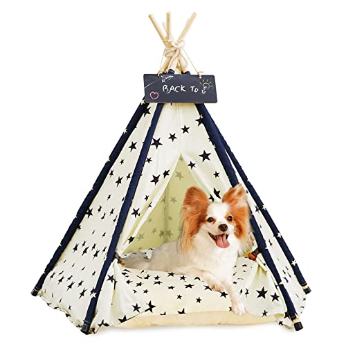 Tipi Zelt für Haustiere mit Kissen | Abnehmbar und Waschbar Hundezelt Katzenzelt Haustierzelte | Haustierbett Wegklappen | Verschließbare Fronttür Hundebett Katzenbett 51x51x61cm (Beige)