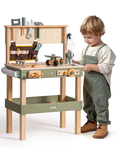 ROBUD Holz Werkbank Kinder, Spielzeug Werkzeugbank mit Werkzeuggürtel, Kinder Werkzeug Set, Schutzbrille, Zeichenpapier für Rollenspiel Konstruktion, Jungen Mädchen Spielzeug ab 3-5-6-8 Jahre Geschenk