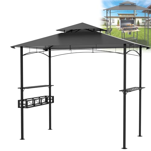 HENGMEI Grill Pavillon 2.45 x 1.53m, Grillpavillon Partyzelt Doppelstöckige Schutzabdeckung, Metall Grillzelt Gartenpavillon Pergola mit Regalen und Ablagekörben für Party, Marktstand, Picknick, BBQ´s