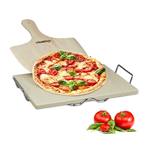 Relaxdays Pizzastein Set 1,5 cm Stärke mit Metallhalter und Pizzaschieber aus Holz HBT 1.5 x 38 x 30 cm rechteckiger Brotbackstein für Pizza und Flammkuchen mit Pizzaschaufel für Pizzaofen, natur