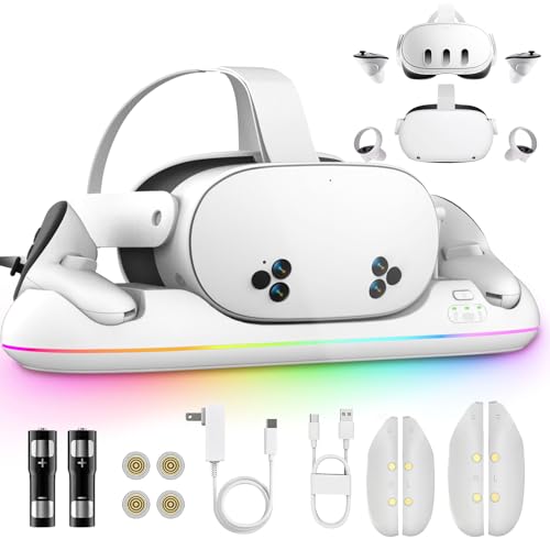 Ladestation für Meta Quest 3/3S/2, Magnetische VR-Station mit Schnellladung, USB-Ausgang, RGB-Beleuchtung, 2 wiederaufladbare 2100mAh-Batterien, Zubehör für Oculus Quest Headset und Controller