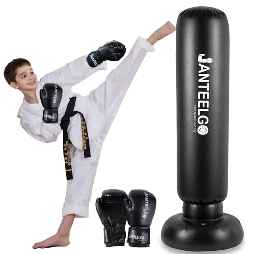 Boxsack für Kinder mit Boxhandschuhen: JanTeelGO 150cm Aufblasbarer Boxsack Kinder Stehend Geschenke für Jungen und Mädchen Alter von 3–12 Jahren Üben von Karate, Taekwondo, MMA