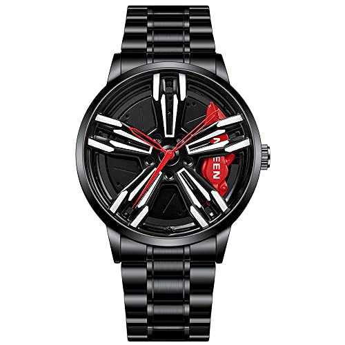 MIDYUID Herrenuhren Auto Felge Nabe Uhr Hohl Stereoskopische Rad Mode Sport Quarzuhr für Männer Geschenke Armbanduhren (Red-01)
