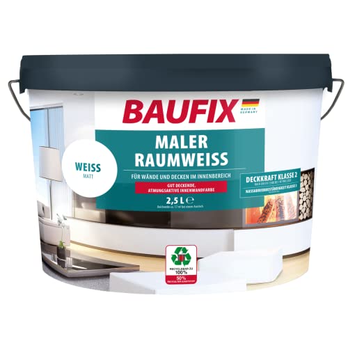 BAUFIX Maler-Raumweiß, Dispersionsfarbe weiß für Innen, 2.5 Liter, Hohe Deckkraft, Innenfarbe mit Deckfähigkeit Klasse 2, Für Wände und Decken