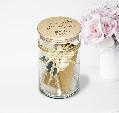 Personalisiertes Geschenk Glas mit Namen und Datum als Hochzeitsgeschenk Geldgeschenk optional mit Karte und Trockenblumen Vorratsglas (Typ 5)