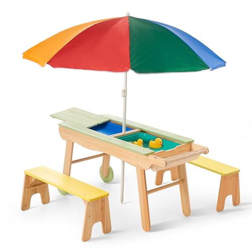 Giant bean 3 in1 Sand und Wasser Spieltisch, Kindersitzgruppe mit Matschtisch aus lackiertem Holz - Matschküche & Wasserspieltisch für den Garten. Kinder Gartenmöbel - Für Outdoor & Indoor Nutzung