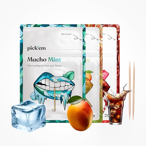 pick'em Zahnstocher mit Geschmack BESTSELLER 3-Pack [60x ZAHNSTOCHER] - Minze, Mango, Cola (unsere 3 Bestseller) - Zahnstocher mit Geschmack - aromatisierte Zahnstocher