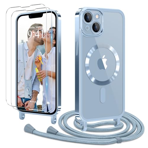Ethanger Handyband für iPhone 13 iPhone 14 mit Band + 2 Stück Glas Schutzfolie Transparent Silikon Handyhülle Magnetische Schutzhülle zum Kordel für iPhone 13/14 Blau