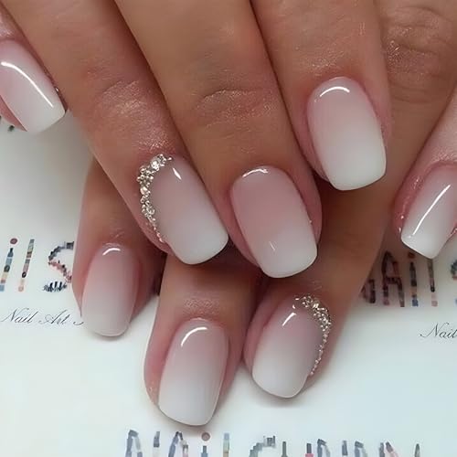 24PCS Kurz Falsche Nägel, Fake Nails with Glue - Full Cover Künstliche Fingernägel, Fake Nails Kunstnägel mit Nagelkleber (Gradient with Diamond)