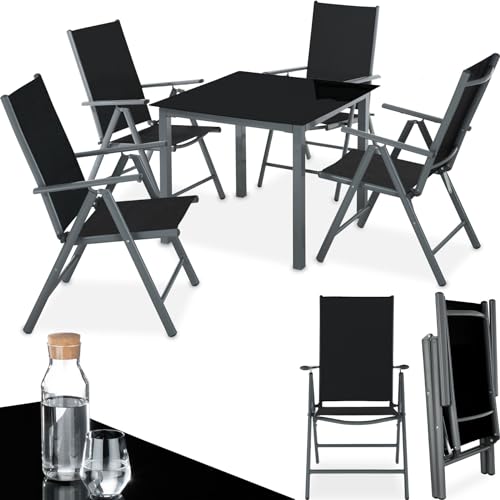 tectake® Gartenmöbel Set mit Tisch und 4 klappbaren Stühlen mit Verstellbarer Rückenlehne, Aluminium Gartenmöbel 4+1, Sicherheitsglas Tischplatte, Gartentisch mit Stühlen, wetterfest - dunkelgrau