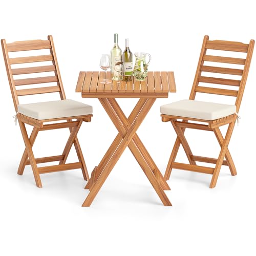 COSTWAY 3tlg. Balkonmöbel Set, Bistrotisch mit 2 Stühlen, klappbares Balkonset aus Akazienholz mit 2 Kissen, Bistroset, Gartengarnitur, Gartenmöbel, Sitzgruppe für Balkon, Garten (Horizontal)