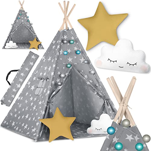 Kinder Indianer Tipi Zelt Nukido - Montessori Stil, Naturmaterialien, 2 Kissen, Bodenmatte, Lichterketten & Abdeckung inklusive - Ideal für Kinderzimmer und Gartenabenteuer