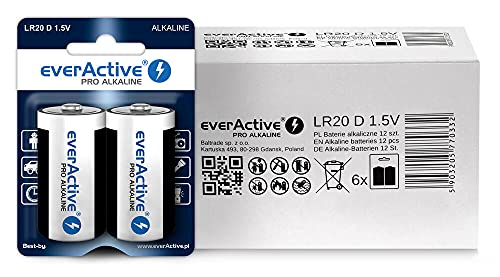 everActive D Batterien 12er Pack, Pro Alkaline, Mono LR20 R20 1.5V, höchster Leistung, 10 Jahre Haltbarkeit, 12 Stück – 6 Blisterkarten