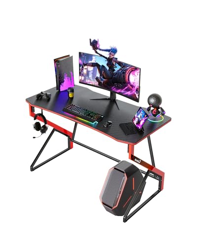 CubiCubi Gaming Schreibtisch, 100 x 60 cm Esport Ergonomischer Computertisch Tisch mit Kohlefaseroberfläche, stabiles Z-Gestell, Kopfhörerhaken zum Spielen, Lernen, Zuhause, Schlafzimmer, Schwarz