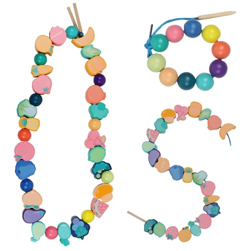 TRUEIN 33Pcs Montessori Holzspielzeug Fädelspiel, Holzperlen zum Auffädeln Kinder ab 2 3 4 5, Fädelspiel Pädagogisches Holz, Gemüse-Obst Perlen Fädelspiel Spielzeug für Mädchen und Jungen Geschenke