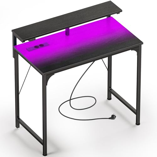 Rolanstar Schreibtisch mit LED & Steckdosen, Computertisch mit Monitorablage, Eckschreibtisch für Schlafzimmer Arbeitszimmer Büro, perfekt für Studenten Kinder Erwachsene (Schwarz, 80 cm)