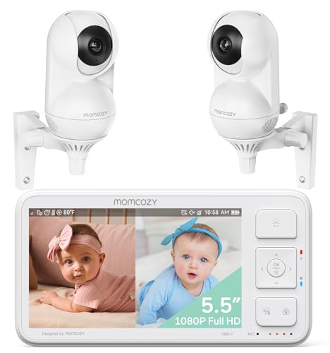 momcozy Babyphone mit 2 Kameras 5.5' 1080P Full HD Split Screen Babyphone mit Kamera und Audio Kein WLAN, 5800-mAh-Akku, ECO, VOX, Infrarot-Nachtsicht 500m Reichweite, Wiegenlied (ohne SD-Karte)