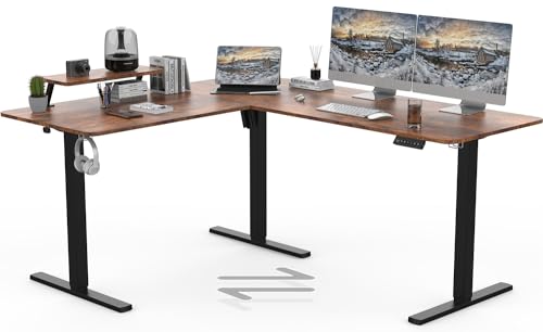 TRIUMPHKEY 160 x 140cm Eckschreibtisch Höhenverstellbar Schreibtisch L Form L-förmiger Schreibtisch Höhenverstellbar Einzelmotor Regal Memory-Steuerung 3 Braun
