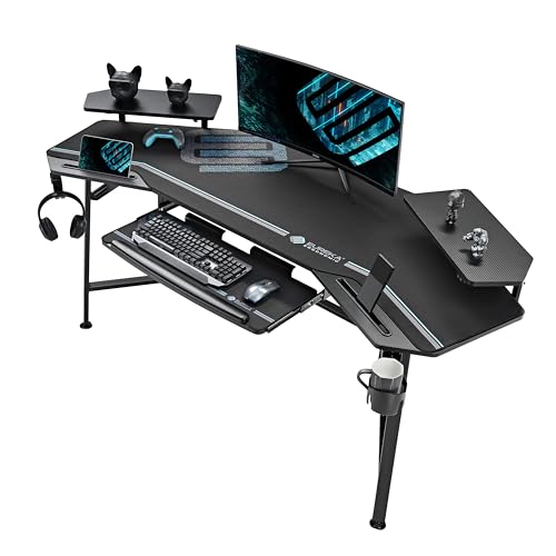 EUREKA ERGONOMIC Gaming Tisch mit LED 182x76cm Groß Gaming Schreibtisch in Flügelform PC Computertisch mit Tastaturablage,2 Monitorständer,Kopfhörerhaken für Home Office Studio Live-Streaming