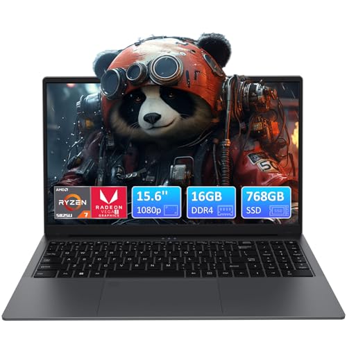 Auusda Gaming Laptop, 16GB DDR4 RAM 768 GB SSD, AMD Ryzen7 5825U CPU(4.5 GHz) 15.6 Zoll Full HD Notebook, Fingerprint Reader, Privacy Shutter, Mini HDMI, USB-C, Webcam, Student/Business Laptop