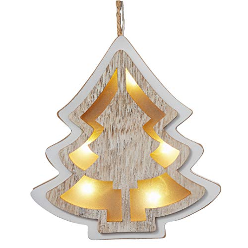 hellum LED Tannenbaum zum Aufhängen, Holztannenbaum weiß gebeizt, 5 warm-weiße LED, 19x17,5cm, batteriebetrieben (2xAA, Nicht inkl.) Fensterdeko Wohnzimmer Schlafzimmer Weihnachtsdeko 521054
