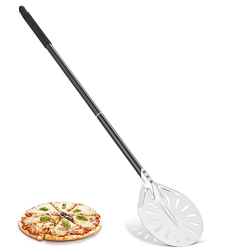 Perforierte Pizzaschaufel, 6 Zoll Pizzaschieber Pizzapaddel aus Aluminium mit Langem Abnehmbarem Griff, Pizzawender Runder Pizzaschieber 80cm Gesamtlänger, Pizza Schieber für den Grill & Backofen