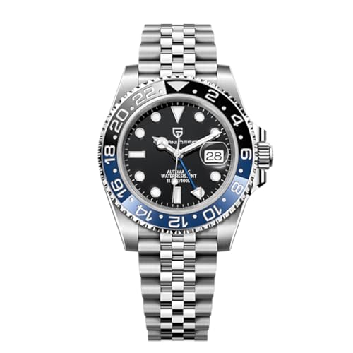 Pagani Design GMT Herren 40 mm Automatikuhr Saphirglas Edelstahl 100 Wasserbeständigkeit Analoguhr Mechanische Herrenuhren Geschenkuhr für Herren(Fünf Perlen Schwarz und Blau)