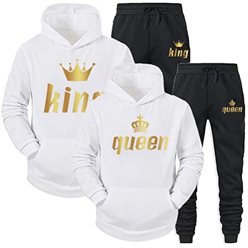 Minetom Pärchen Sportanzug King Queen Pullover Kapuzenpullover Hoodie Valentinstag Liebespaar Couple Jogginganzug Oberteile und Hose Set für Paare Weiß Queen M