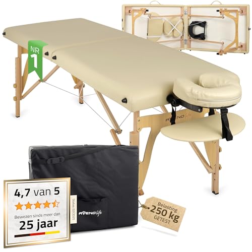HABYS Sofia Light Massageliege | Klappbar Holz 2 Zonen | Massagetisch mit Vollausstattung | 185 x 60 x 85 cm, bis 250 kg | Armlehnen, Kopfstütze, Tragetasche, MDR-Zertifiziert | Beige