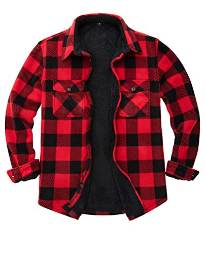 ZENTHACE Herren-Flanellhemdjacke mit Sherpa-Futter, Fleece, kariert, mit Sherpa-Fleece gefüttert, warm, Buffalo Plaid rot, Large