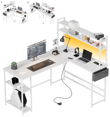 Flamaker Gaming Tisch L Form mit LED 160 x 120cm, Reversibel Schreibtisch mit 2 Steckdosen und 2 USB Ladeanschluss, Eckschreibtisch mit Stall und Lagerregal, Mit Seitentaschen, Weiß