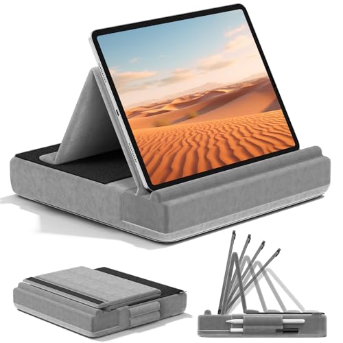 KDD Tablet Halter Kissen, Faltbarer Ipad Kissenständer mit verstellbarem Winkel, Tablet Kissenhalter, Tablet Ständer Bett mit Stiftständer für ipad pro 12.9 10.5 11 Air Mini Telefone Bücher Grau