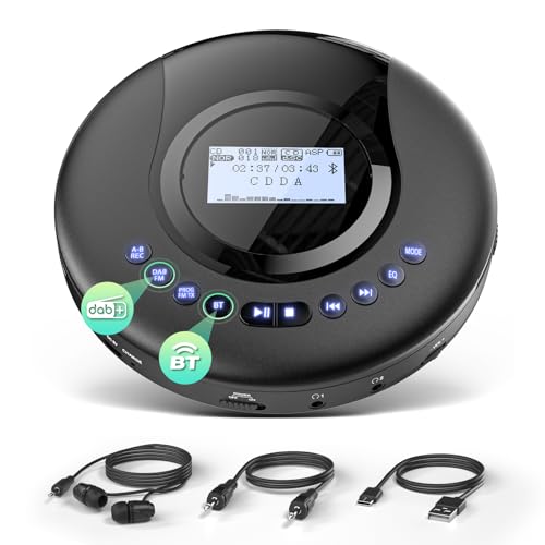 Arafuna Tragbarer CD-Player mit DAB+/UKW- Radio, CD Player Bluetooth mit Hörbuchfunktion, Discman CD Player für Auto, Antishock, integrierter Akku 2000mAH