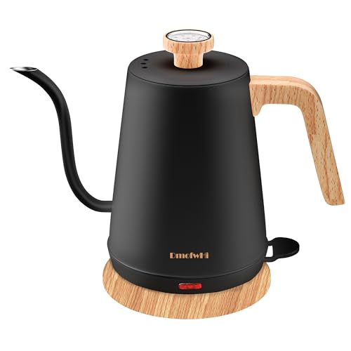 DmofwHi Schwanenhals Wasserkocher mit Thermometer, Elektrischer Wasserkocher 1L mit Automatischer Abschaltung, 1000W Heißwasserkocher aus Edelstahl, Pour Over Kessel für Kaffee & Tee-Schwarz