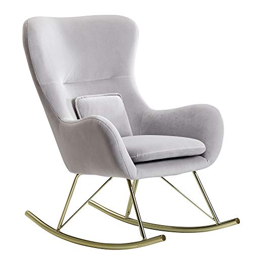 FineBuy Schaukelstuhl Samt/Metall Hellgrau 74x101x89 cm mit goldenen Beinen | Polster Schwingstuhl Modern | Stillsessel Relaxstuhl Schwingsessel 120 kg