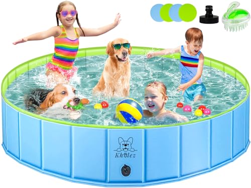 KHOLEZ Hundepool, 160 x 30CM Hundebadewanne für Große Kleine Hunde, Faltbarer Hund Planschbecken für Kinder, Tragbar Swimmingpool Schwimmbecken Rutschfest mit Badebürste Ablassventil PVC - Aufnäher x4