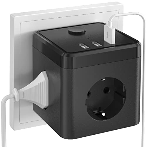 HIT TRENDS Hitrends Mehrfachsteckdose ohne Kabel, Steckdosenwürfel mit 2 USB, 7-in-1 Würfelsteckdosenadapter mit Schalter 4000W Max Mehrfachstecker Kindersicherung für Büro Zuhause Re
