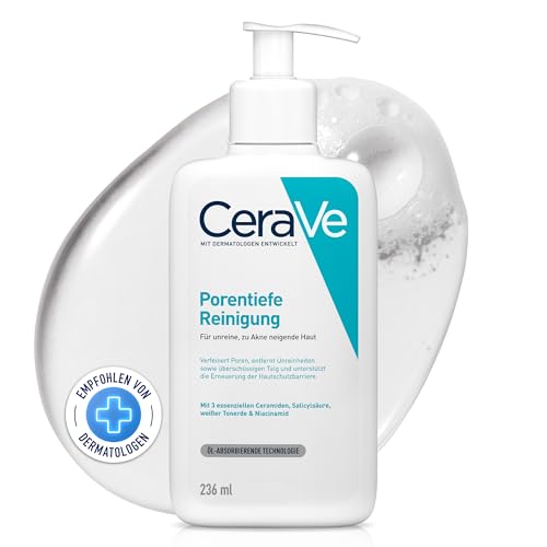 CeraVe Schäumendes Reinigungsgel für das Gesicht, Porentiefe Reinigung bei unreiner und zu Akne neigender Haut, Mit Salicylsäure, weißer Tonerde und Niacinamid, 236 ml [Die Verpackung kann variieren]
