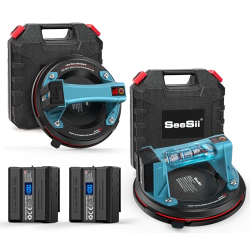 Seesii Akku Saugheber für Fliesen 2er-Set, 200mm Fliesenheber Saugheber Elektrischer mit 4x 2400mAh Akkus, LCD-Anzeige, Tragkraft Max.270KG, Vakuumheber Saugnäpfe für Terrassenplatten, Gas, Marmor
