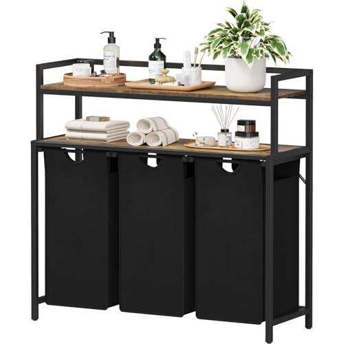 Lifewit Wäschekorb 3 Fächer, 120L/40 x 3L Wäschesammler mit 2 Ablage, Laundry Baskets mit herausziehbaren Säcken, Wäschesortierer für Waschküche Schlafzimmer, Rustikal Braun &Schwarz