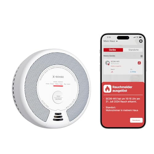 X-Sense Rauch- und Kohlenmonoxid Melder mit WLAN und austauschbarer Batterie, 2-in-1 Rauchmelder, intelligenter kombinierter Rauchmelder, kompatibel mit X-Sense Home Security App, SC06-WX, 1 Stück
