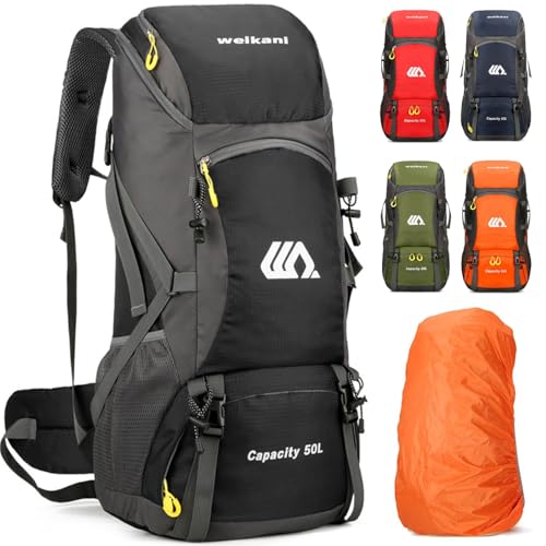 Kugooyi 50L Wanderrucksack mit Regenschutz Wasserdicht Leichtes Camping Outdoor Sport Trekking Klettern Skifahren Reisetasche (Schwarz)