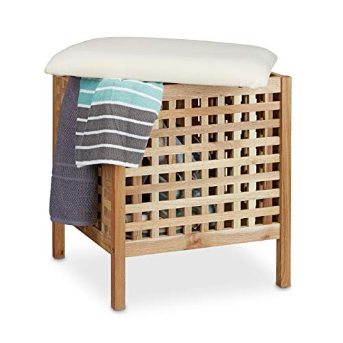 Relaxdays Badhocker Walnuss mit Wäschesammler HBT: 52 x 49 x 49 cm Badhocker mit Sitzkissen aus Leinen und Wäschekorb 52 Liter Sitzhocker mit Stauraum aus Massiv Walnuss Holz, natur weiß