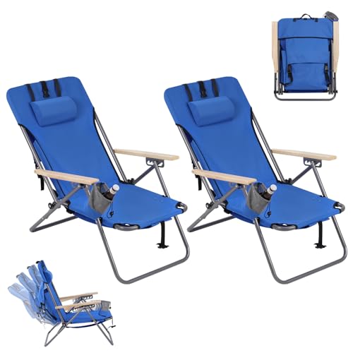 WOLTU Campingstuhl faltbar, 2er-Set, Klappstuhl Angelstuhl Strandstuhl Camping Stuhl, Klappsessel Rucksack Design, 4-stufig-Rückenlehne Holzarmlehnen, mit Seitentasche, aus Oxford-Gewebe, Blau