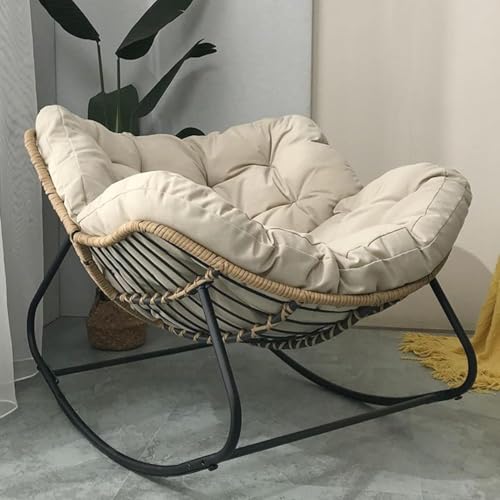 Terrassen-Schaukelstuhl, Outdoor Papasan mit Kissen, Indoor Oversized Rattan Loungesessel Metallrahmen - Große Kapazität (Beige)