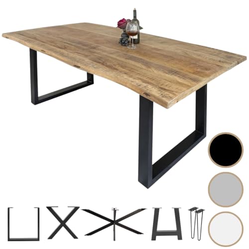 Loreno Handgefertigter Esstisch aus Mangoholz, 120x80cm - 300x100cm Massiver Tisch mit Baumkante, Gestelle, Nachhaltig und Stabil - Tisch Holz Esszimmer, Küchentisch Holz, Esstisch Echtholz