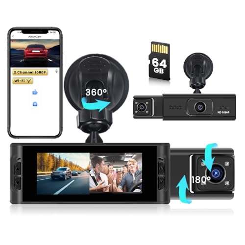 Inefala WiFi DashCam mit 64GB SD Karte, Dashcam Auto Vorne Innen Kabellos G-Sensor, Autokamera FHD 1080P mit integriertem WLAN/App, Loop-Aufnahme, Bewegungserkennung, Belichtungsanpassung