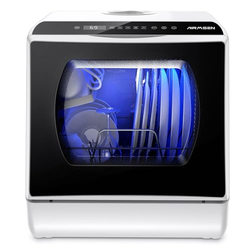 AIRMSEN Mini Geschirrspüler Tischgeschirrspüler mit 5+1 Programme 5L Wassertank, 2 Wege Wasserversorgung, Touch Control & LED-Display, Geeignet für Hausküchen, Wohnungen, Schlafsäle, Weiß & Schwarz